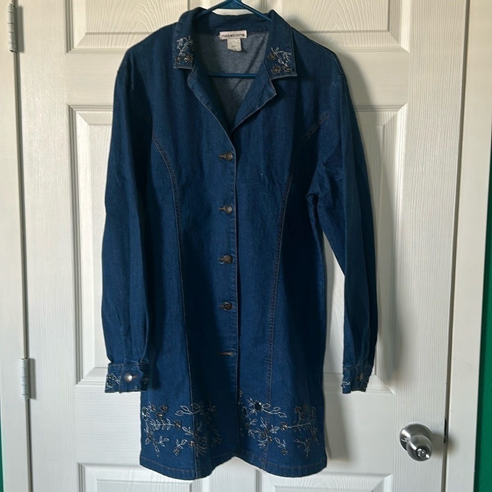 Notations Vintage Denim Dress with Beaded Floral Detail Size M
